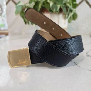 Vintage Pierre Cardin Black Leather Belt With Gold-Tone Engraved Buckle size 32